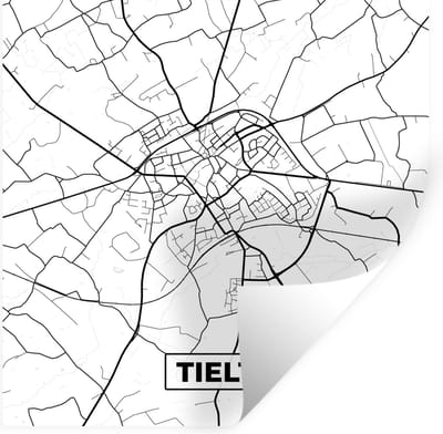 Muurstickers - Sticker Folie - Stadskaart – Plattegrond – België – Zwart Wit – Tielt – Kaart - 100x100 cm - Plakfolie - Muurstickers Kinderkamer - Zelfklevend Behang XXL - Zelfklevend behangpapier - Stickerfolie