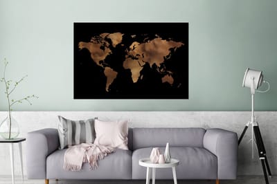 Aluminium schilderij 120x80 cm - Wanddecoratie metaal - Wereldkaart - Zwart - Brons - Metalen muurdecoratie woonkamer - Decoratie industrieel - Foto op dibond - Industriële accessoires slaapkamer