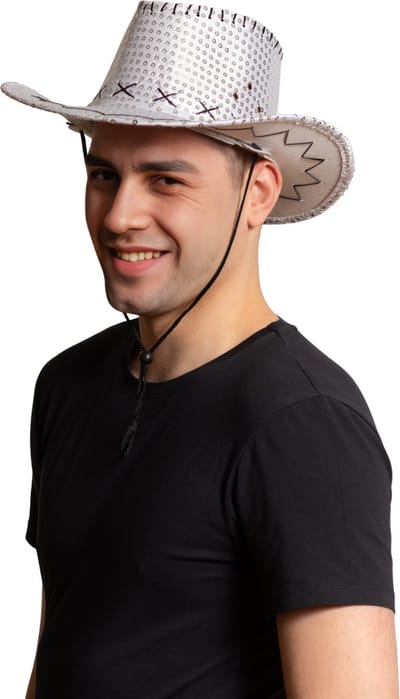 Partychimp Cowboy/Cowgirl Hoed Pailletten Zilver Voordeelverpakking 6 Stuks voor bij Carnavalskleding Heren Carnavalskleding Dames Carnaval Accessoires Verkleedaccessoires Rodeo Party Foute Party Glitter en Glamour Pride Western Hoed - Polyester