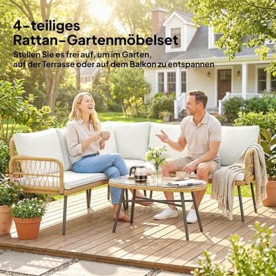 Loungeset Tuin 4-delig 175x175x82 cm L-vorm Polyrotan met Hoekbank, Tweezitsbank, Glazen Tafel en Afneembare Kussens Crème-Wit – Luxe Weerbestendige Tuinset voor 5 Personen – Nicolehome