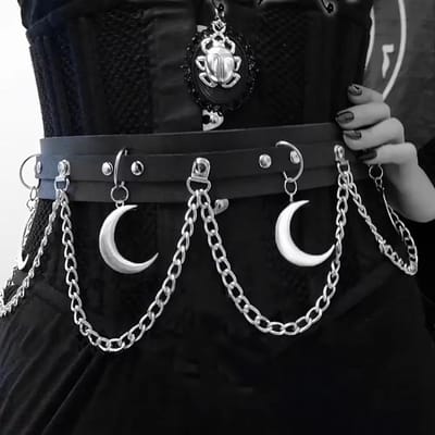 Ceinture Noire Avec Chaînes Lune - Ceinture de Taille Style Gothique Pour Tenues Grunge et Mode Féminines 96cm black