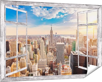 Gards Tuinposter Doorkijk New York Manhattan tijdens Zonsondergang - 150x100 cm - Tuindoek - Tuindecoratie - Wanddecoratie buiten - Tuinschilderij