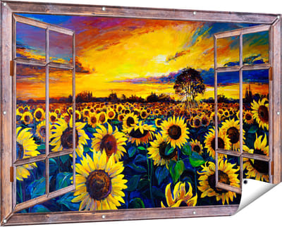 Gards Tuinposter Doorkijk Getekende Zonnebloemen Veld met Olieverf - 150x100 cm - Tuindoek - Tuindecoratie - Wanddecoratie buiten - Tuinschilderij