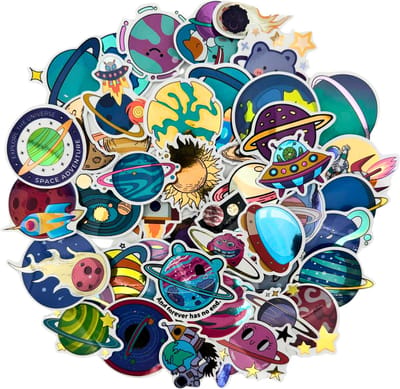 Ruimte Stickers met glimmend Folie | 50 stickers met Planeten, Maan en Spaceshuttles - voor laptop, ipad, telefoon, schrift, muur etc.