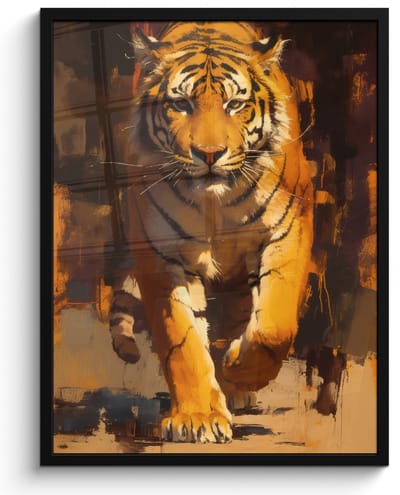 Poster in lijst - Fotolijst 50x70 cm - Posters - Tijger - Geschilderd - Oranje - Penseelstreken - Posterlijst zwart - Decoratie - Wanddecoratie woonkamer - Muurdecoratie slaapkamer