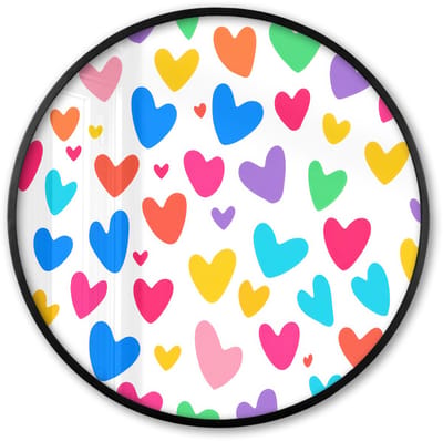 Poster in lijst Rond - Fotolijst 60x60 cm - Posters - Hartjes - Kleurrijk - Patroon - Levendig - Ronde posterlijst zwart - Decoratie - Wanddecoratie woonkamer - Muurdecoratie slaapkamer