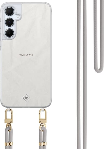 Casimoda® hoesje met koord - Geschikt voor Samsung A35 - Vive La Vie - Afneembaar koord - TPU/polycarbonaat - Grijs