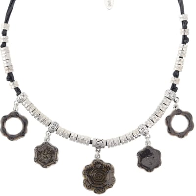 Behave - Ketting met bloem hangers - Zwart zilverkleur - Romantische stijl