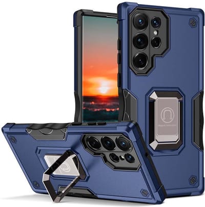 Smartphonica Rugged Armour case voor Samsung Galaxy S22 Ultra met verstelbare ringhouder - Blauw geschikt voor Samsung Galaxy S22 Ultra