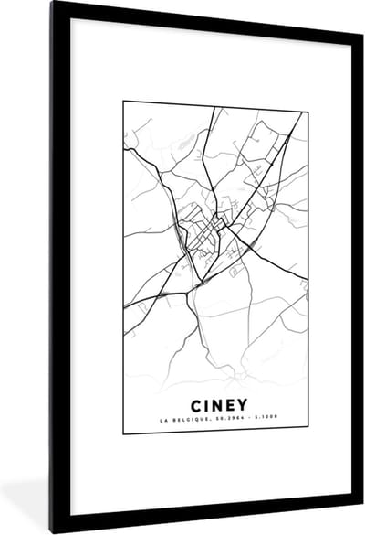 Fotolijst incl. Poster Zwart Wit- Stadskaart – Plattegrond – België – Zwart Wit – Ciney – Kaart - 80x120 cm - Posterlijst