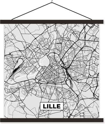 Posterhanger incl. Poster 60x60 cm - Schoolplaat - Kaart - Stadskaart - Frankrijk - Lille - Plattegrond - Textielposter - Zwarte latten - Stadskaart