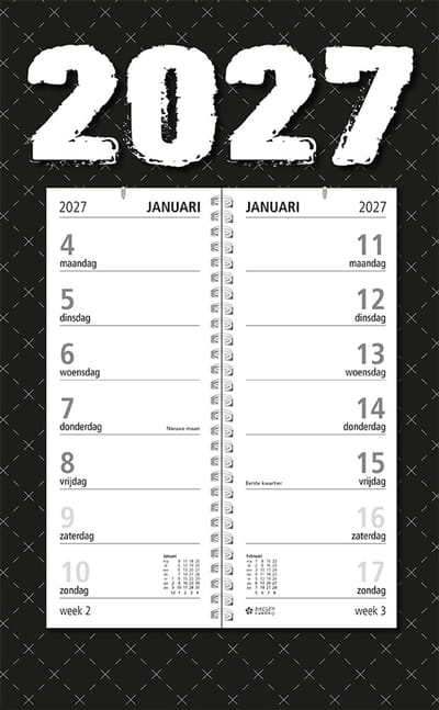 MGPcards - Omlegweekkalender 2027 - Week begint op maandag - 21 x 34 cm - Zwart