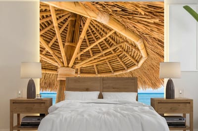 Behang - Fotobehang Parasol - Strand - Zee - Tropisch - Breedte 280 cm x hoogte 280 cm