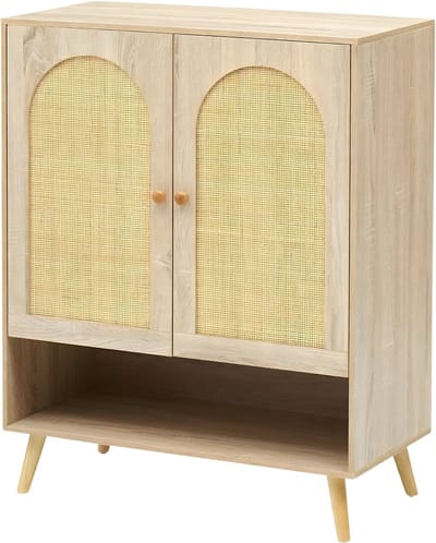 Schoenenkast - Voor entree - 4-laags, vrijstaand met verstelbare plank - Natuurlijke rotan deur - Oak