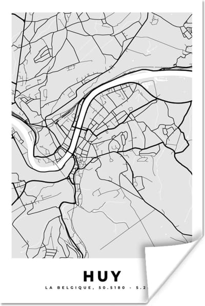 Poster Plattegrond – Huy – Zwart Wit – Stadskaart - Kaart - 120x180 cm XXL