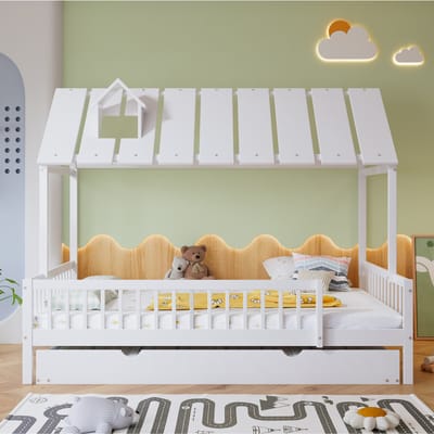 Wit grenen en MDF kinderbed met uittrekbare onderschuifbed en 3-zijdige leuningen, 120x200/190 cm