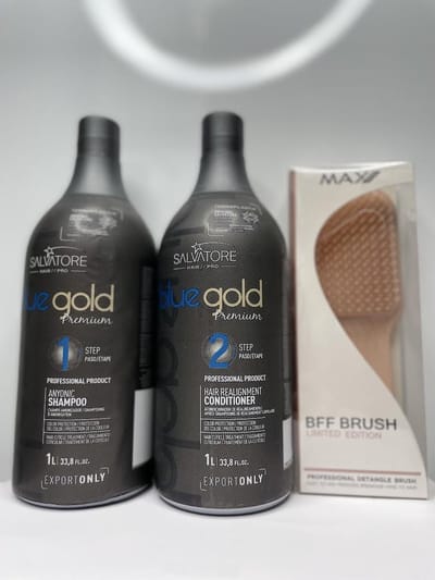 Lissage Tanin Salvatore Blue gold – Taninoplastie lissage brésilien 2x1000ml Max Pro BFF Borstel Large Peach