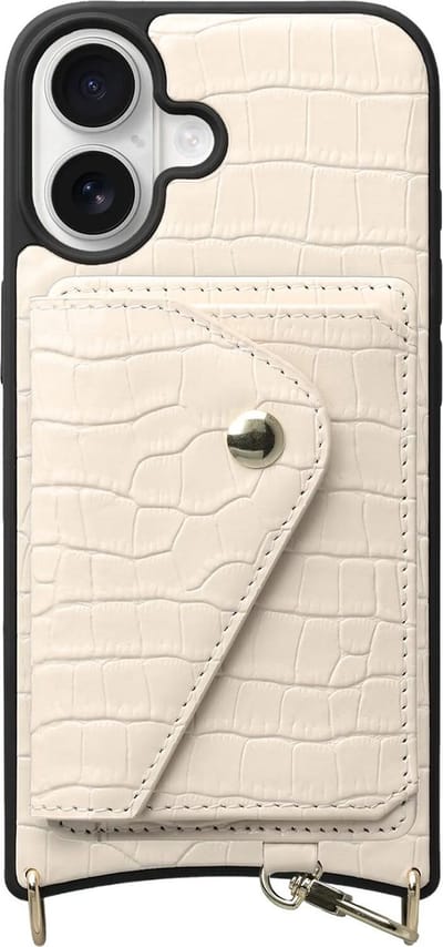 AVY Leren Hoesje Geschikt voor Apple iPhone 17 | Met Magnetische Kaarthouder | Compatibel met MagSafe | Leather Case met Wallet | Croco Beige