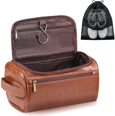 Dailygoods- Toilettas Heren - PU-leer - Donkerbruin - Toilettas met Haak - 3 Vakken - Afmetingen 24 x 13 x 14 cm - Ideaal voor Reizen