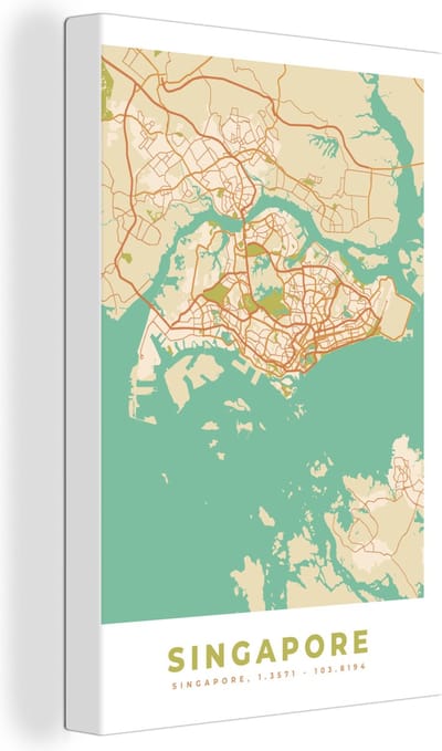 Canvas Schilderij Singapore - Plattegrond - Stadskaart - Vintage - Kaart - 20x30 cm - Wanddecoratie