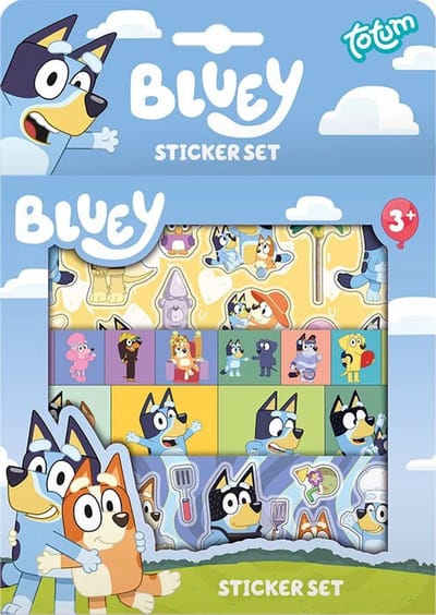 Bluey Stickerset - 3 Vellen Stickers + Dubbelzijdige Kartonnen Speelachtergrond - Herbruikbare Stickers van Bluey, Bingo & Vrienden - Creatief Speelgoed voor Kinderen vanaf 3 Jaar - Compact Formaat - Ideaal Cadeau of Traktatie