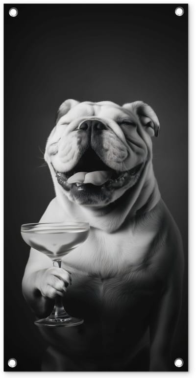 Tuinposter 40x80 cm - Tuindecoratie Buldog - Hond - Glas - Poster voor in de tuin - Buiten decoratie - Schutting tuinschilderij - Tuindoek muurdecoratie - Wanddecoratie balkondoek