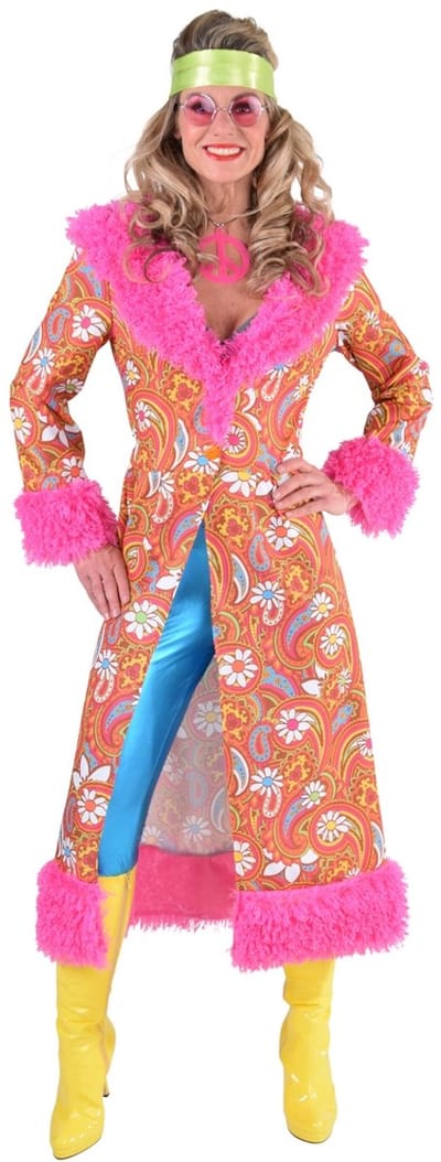 Roze Jaren 70 Paisley Bloemen Jas Met (Nep)bont Vrouw