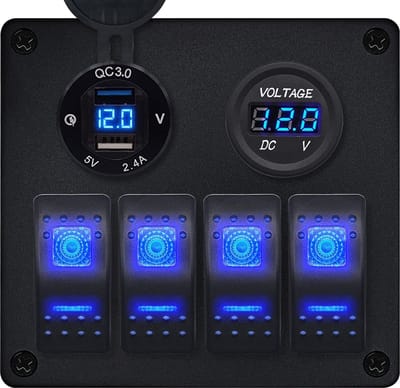 ProRide Schakelpaneel 12V voor Auto/Boot - USB Lader 2 Poorten met Voltmeter - 5V/2.4A - DS2114B - 4 Schakelaars
