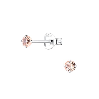 Joy|S - Zilveren ronde oorbellen 3 mm - kristal peach roze - 3 mm oorknopjes