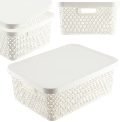 KADAX Opbergmand, mand met deksel, opbergkist, opbergdoos van plastic, moderne plankmand, container met ventilatiegaten (12 l, wit)