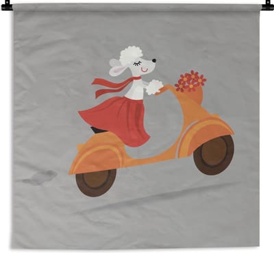Wandkleed Vespa illustratie - Illustratie van een hond op een Vespa Wandkleed katoen 180x180 cm - Wandtapijt met foto
