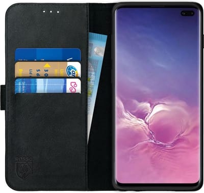 Rosso Deluxe Echt Leer Book Case Hoesje Geschikt voor Samsung Galaxy S10 Plus | Ruimte voor drie pasjes | Portemonnee Book Case | Met Pasjeshouder | Zwart