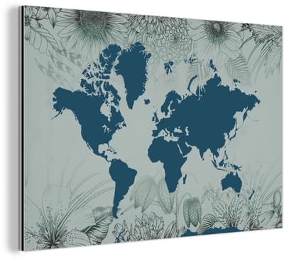 Aluminium schilderij 150x100 cm - Wanddecoratie metaal - Wereldkaart - Grijs - Blauw - Metalen muurdecoratie woonkamer - Decoratie industrieel - Foto op dibond - Industriële accessoires slaapkamer