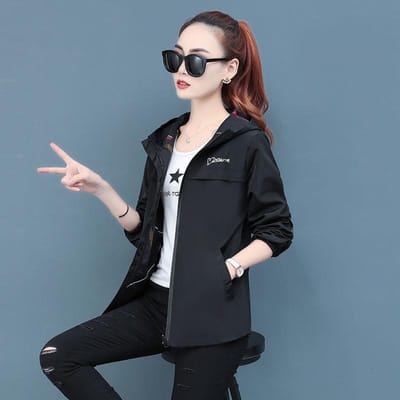 Veste double face pour femme, manteau court coréen à fermeture éclair, vestes slim décontractées à capuche pour printemps et automne L noir