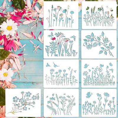 9-delige Herbruikbare Bloemen Sjablonen voor Schilderen, 12x15cm, Creatieve Voorbeelden voor DIY Ambachten en Decoratie