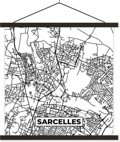 Posterhanger incl. Poster 60x60 cm - Schoolplaat - Stadskaart - Frankrijk - Kaart - Plattegrond - Sarcelles - Zwart wit - Textielposter - Zwarte latten - Stadskaart