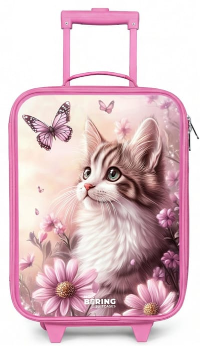 NoBoringSuitcases.com® - Kinderkoffer roze - Kindertrolley meisje - Kat - Paars - Vlinders - Bloemen - Koffer kind lichtgewicht - Reiskoffer trolley voor kinderen - Koffertje met lichtgevende wieltjes - Rolkoffer
