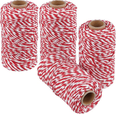 4 Rollen 100m Katoen Touw, 2mm Rood en Wit Wrapping Touw voor Trussen, Bakken en Keuken Gebruik