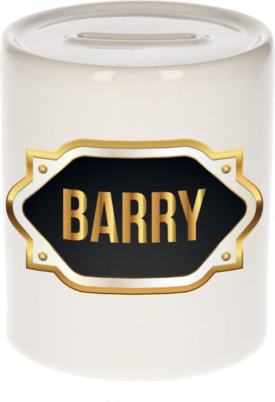 Spaarpot met voornaam Barry - wit - met goud/zwart embleem - 8 x 9 cm - keramiek - met afsluitdop - cadeau verjaardag