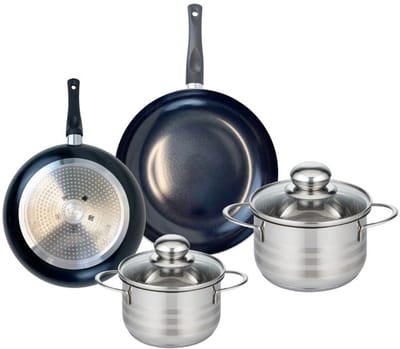 Set van 2 Koekenpannen 20 en 24 cm en 2 Kookpotten 14 en 16 cm Elo Prima Glanzend