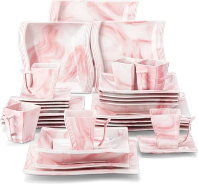 Luxe Serviesset – 30 delig – 6 persoons – Porselein - Bordenset – Dinner platen – Dessertborden - Kommen - Mokken - Pastabord - Roze