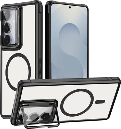 Casemania Hoesje Geschikt voor Samsung Galaxy S26 - Magnetische Transparante Backcover met Zwarte Bumper - Camera Shield Kickstand met Volledige Camera Bescherming - Geschikt voor MagSafe
