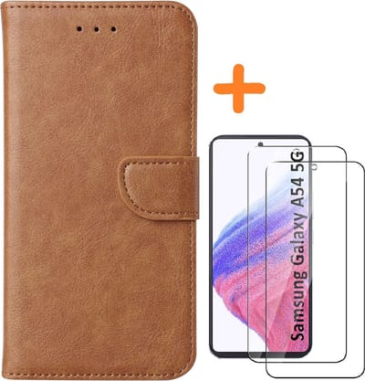 Hoesje Geschikt Voor Samsung Galaxy A54 hoesje bookcase Bruin - Galaxy A54 5G bookcase portemonnee Hoesje Geschikt Voor Samsung Galaxy A54 screenprotector / 2X Beschermglas