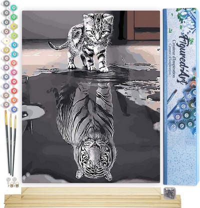 Figured'Art Schilderen op Nummer Volwassenen canvas Kitten Reflecterende Tijger - Handwerk acrylverf Kit DIY Compleet - 40x50cm met DIY houten lijst