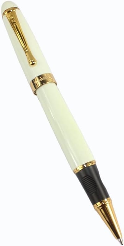 Stijlvolle witte rollerbalpen met gouden clip, perfect voor schrijven en kantoorgebruik