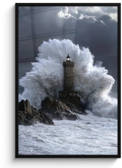 Poster in lijst - Fotolijst 80x120 cm - Posters - Golf - Vuurtoren - Schuimend water - Posterlijst zwart - Decoratie - Wanddecoratie woonkamer - Muurdecoratie slaapkamer