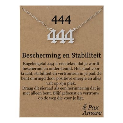 444 Engelen Getal Ketting op Cadeau Kaartje - Zilverkleurig - Stainless Steel Spirituele Hanger - 45cm + 5cm verstelbaar - Pax Amare