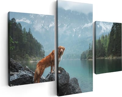 Artaza Canvas Schilderij Drieluik Retriever Hond Bij Het Water In De Bergen - 90x60 - Foto Op Canvas - Canvas Print
