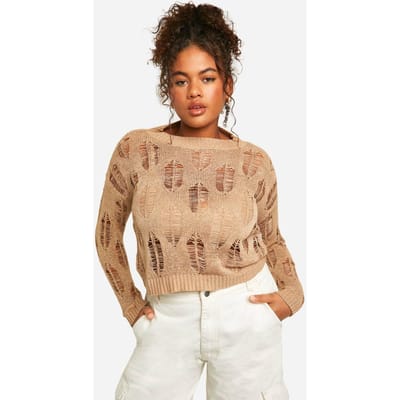 boohoo Dames Plus Ladder Detail Transparante Trui | Taupe | Maat: 56