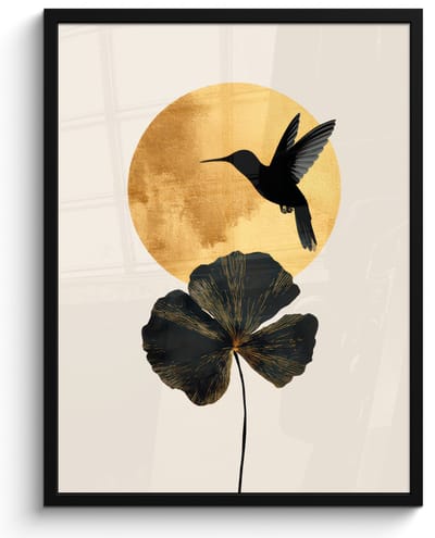 Poster in lijst - Fotolijst 60x80 cm - Posters - Zwarte kolibrie - Bloem - Gouden cirkel - Posterlijst zwart - Decoratie - Wanddecoratie woonkamer - Muurdecoratie slaapkamer
